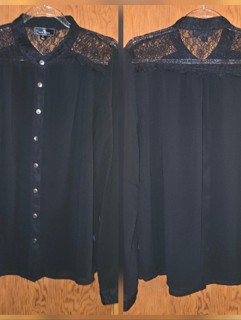 Iris womens large black sheer lace detailing button down long tunic top